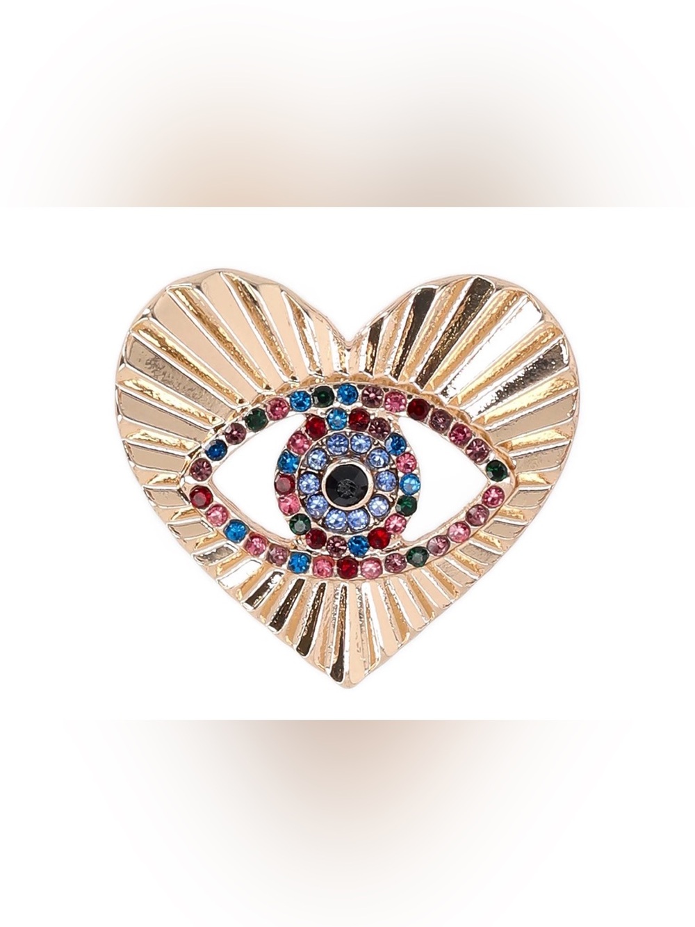 Gold-Tone Heart Brooch with Multicolor Crystal Eye • NWOT